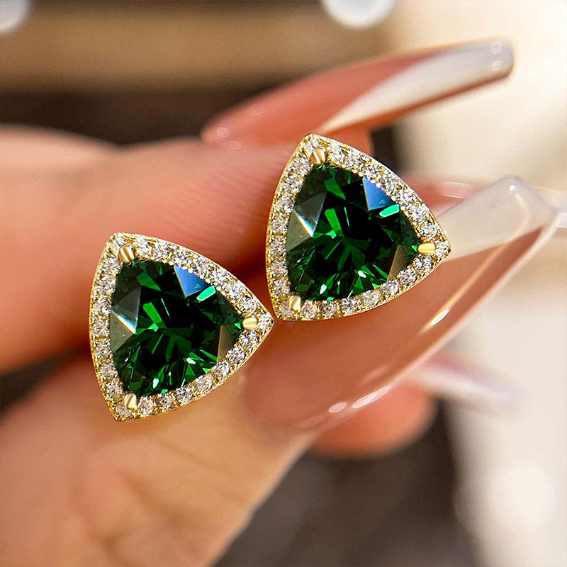 Elegant Yellow Gold Trillion Cut Emerald Green Earrings In Sterling Silver