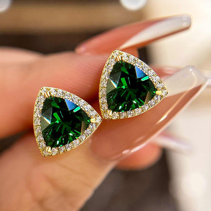 Elegant Yellow Gold Trillion Cut Emerald Green Earrings In Sterling Silver