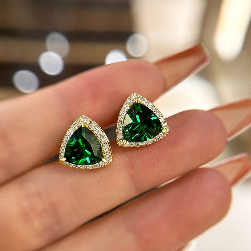 Elegant Yellow Gold Trillion Cut Emerald Green Earrings In Sterling Silver