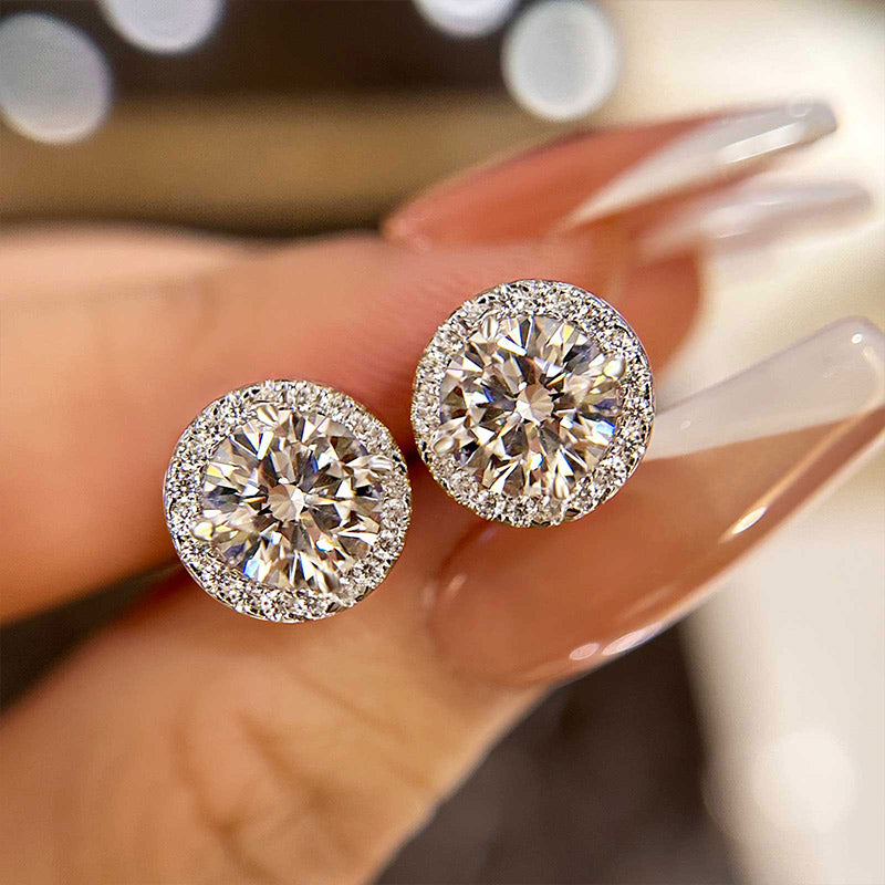 Sterling Silver Halo Round Sparkle Women's Stud Earrings