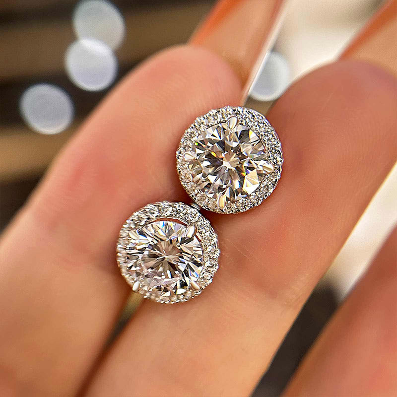 Sterling Silver Halo Round Sparkle Women's Stud Earrings