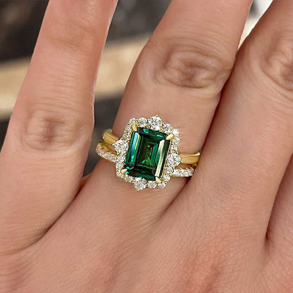 Exclusive Yellow Gold Halo Emerald Cut Wedding Sets In Sterling Silver-Maxinejewelry