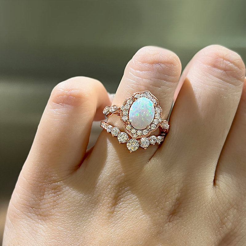 Elegant Rose Gold Oval Cut Opal Wedding Set In Sterling Silver-Maxinejewelry