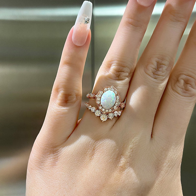 Elegant Rose Gold Oval Cut Opal Wedding Set In Sterling Silver-Maxinejewelry