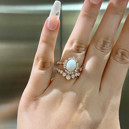 Elegant Rose Gold Oval Cut Opal Wedding Set In Sterling Silver-Maxinejewelry