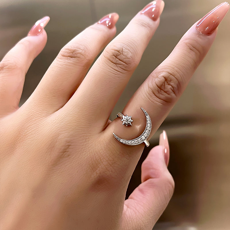 Crescent Moon &amp; Star Adjustable Open Ring-Maxinejewelry