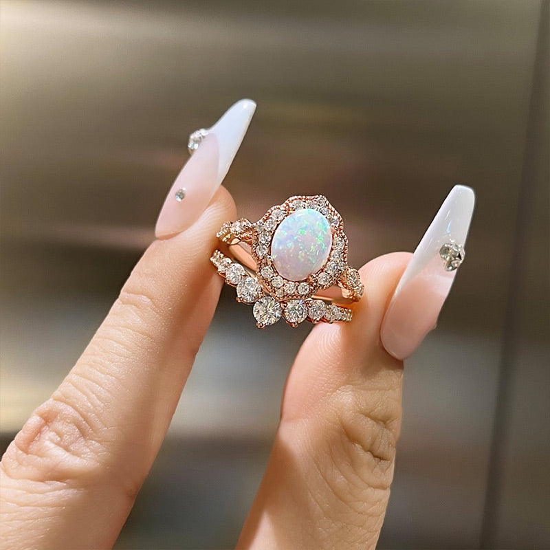 Elegant Rose Gold Oval Cut Opal Wedding Set In Sterling Silver-Maxinejewelry