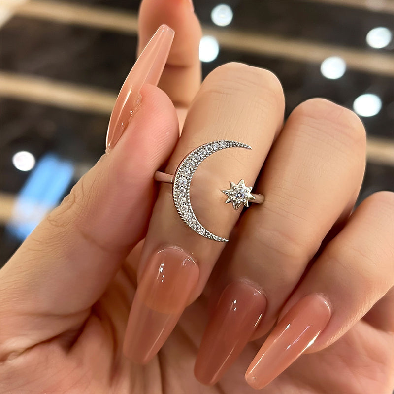 Crescent Moon &amp; Star Adjustable Open Ring-Maxinejewelry