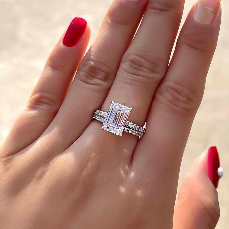 Classic Emerald Cut Wedding Ring Set In Sterling Silver-Maxinejewelry