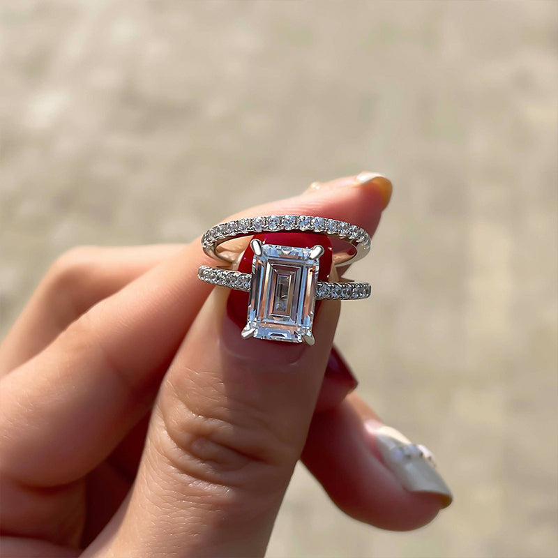 Classic Emerald Cut Wedding Ring Set In Sterling Silver-Maxinejewelry