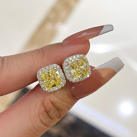 4.0 Carat Yellow Sapphire Halo Princess Cut Sterling Silver Women's Stud Earrings-Maxinejewelry