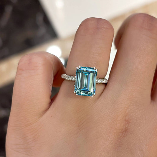 Exclusive Emerald Cut Light Aquamarine Blue Engagement Ring In Sterling Silver-Maxinejewelry