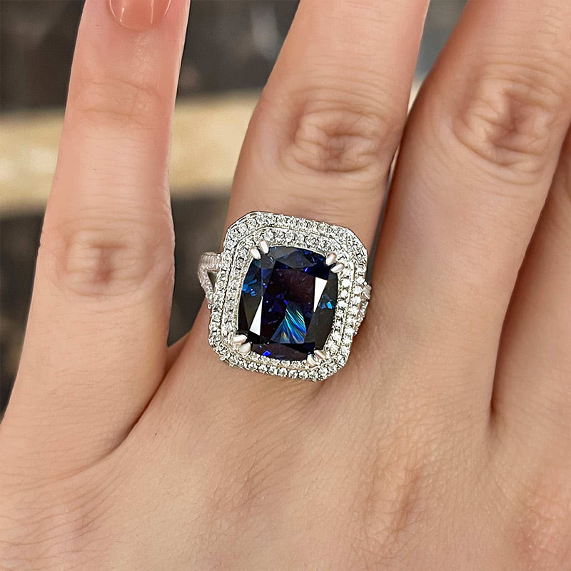 Luxurious Double Halo Blue Sapphire Cushion Cut Engagement Ring In Sterling Silver-Maxinejewelry