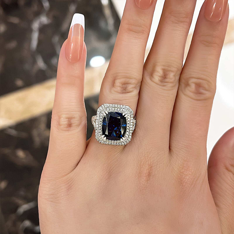 Luxurious Double Halo Blue Sapphire Cushion Cut Engagement Ring In Sterling Silver-Maxinejewelry