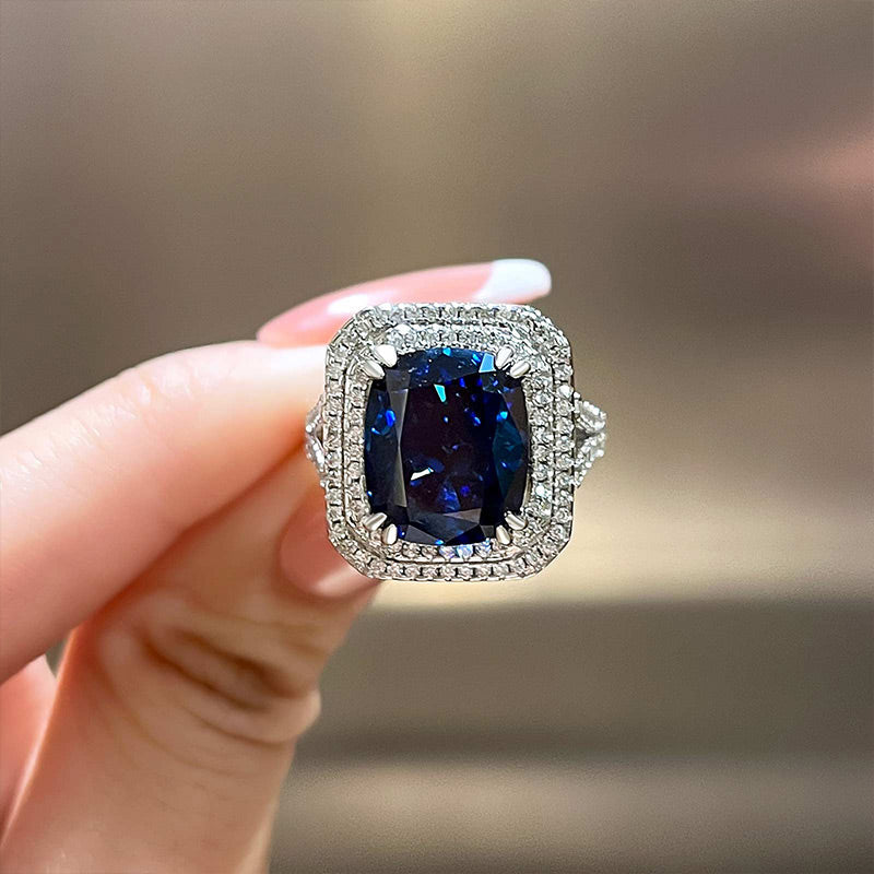 Luxurious Double Halo Blue Sapphire Cushion Cut Engagement Ring In Sterling Silver-Maxinejewelry