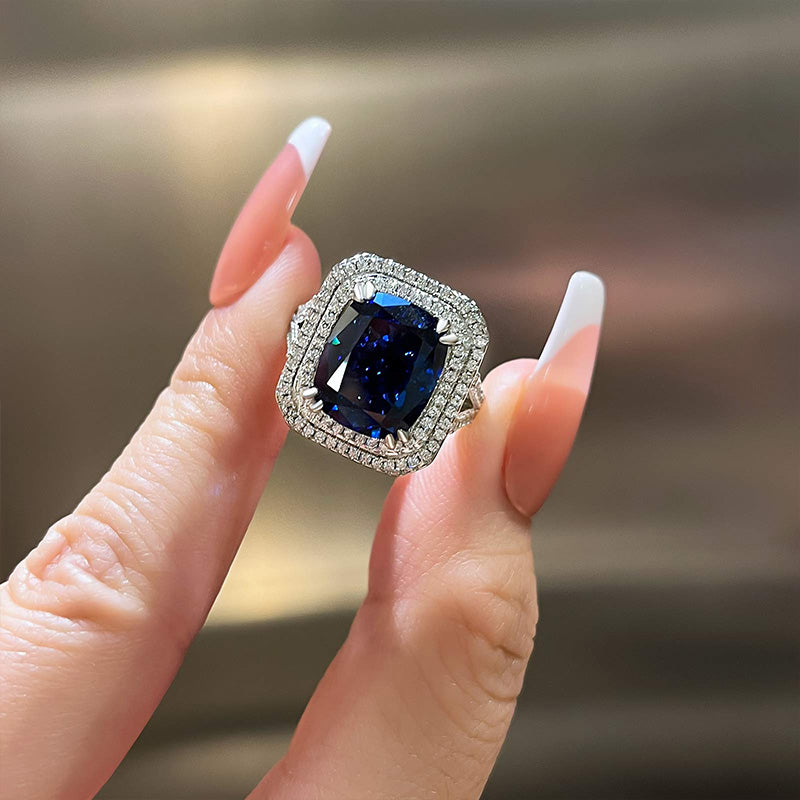 Luxurious Double Halo Blue Sapphire Cushion Cut Engagement Ring In Sterling Silver-Maxinejewelry