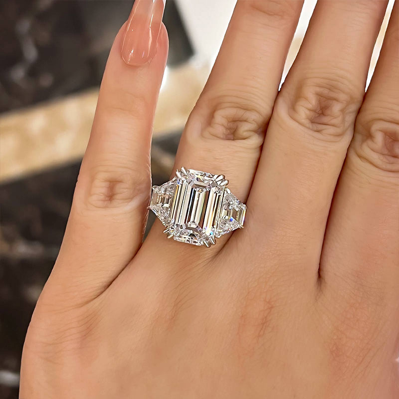 Luxurious Emerald Cut Three Stone Engagement Ring In Sterling Silver-Maxinejewelry