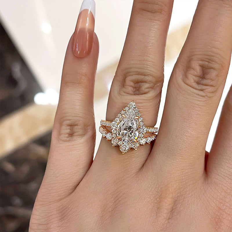 Elegant Rose Gold 2.2 Carat Halo Pear Cut Bridal Ring Set In Sterling Silver-Maxinejewelry