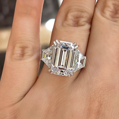 Luxurious Emerald Cut Three Stone Engagement Ring In Sterling Silver-Maxinejewelry