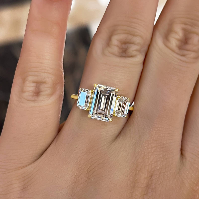 Stunning Yellow Gold Emerald Cut Three Stone Engagement Ring In Sterling Silver-Maxinejewelry