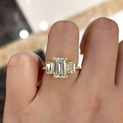 Stunning Yellow Gold Emerald Cut Three Stone Engagement Ring In Sterling Silver-Maxinejewelry