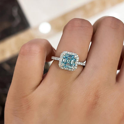 Exclusive Halo Asscher Cut Light Aquamarine Blue Engagement Ring In Sterling Silver-Maxinejewelry