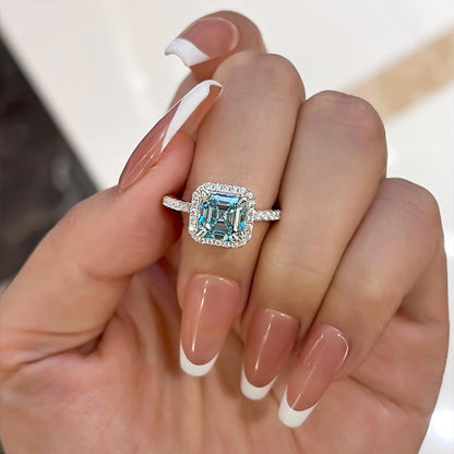 Exclusive Halo Asscher Cut Light Aquamarine Blue Engagement Ring In Sterling Silver-Maxinejewelry