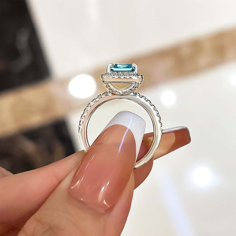 Exclusive Halo Asscher Cut Light Aquamarine Blue Engagement Ring In Sterling Silver-Maxinejewelry