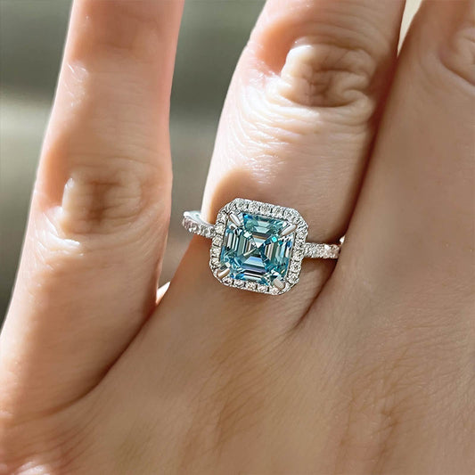 Exclusive Halo Asscher Cut Light Aquamarine Blue Engagement Ring In Sterling Silver-Maxinejewelry