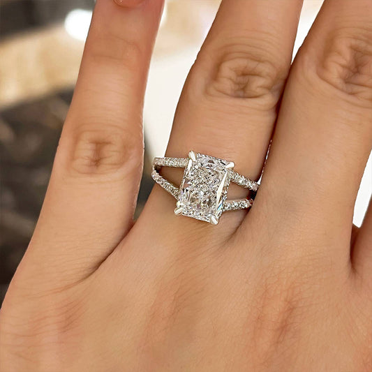 Unique Split Shank Radiant Cut Engagement Ring In Sterling Silver-Maxinejewelry