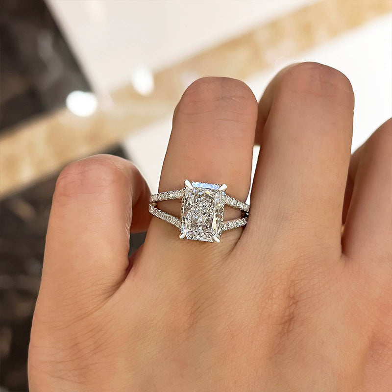 Unique Split Shank Radiant Cut Engagement Ring In Sterling Silver-Maxinejewelry