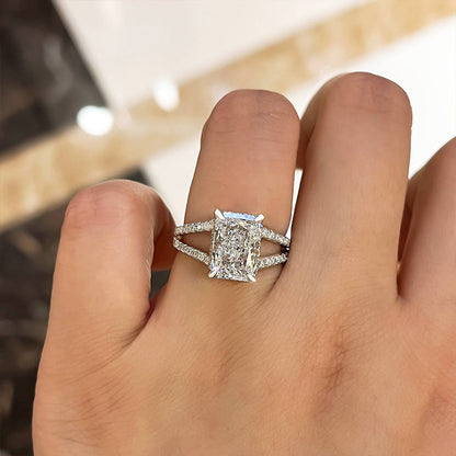 Unique Split Shank Radiant Cut Engagement Ring In Sterling Silver-Maxinejewelry