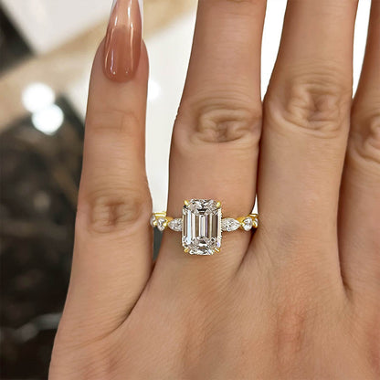 Gorgeous Yellow Gold Emerald Cut Engagement Ring In Sterling Silver-Maxinejewelry