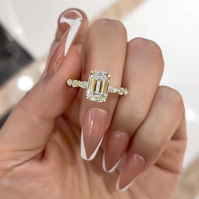 Gorgeous Yellow Gold Emerald Cut Engagement Ring In Sterling Silver-Maxinejewelry