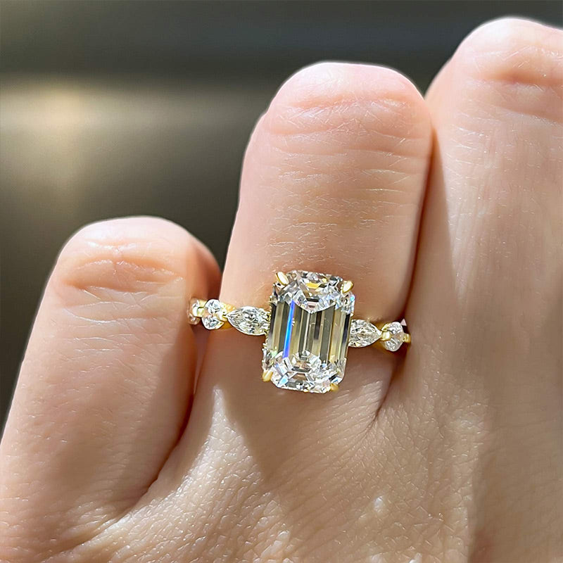 Gorgeous Yellow Gold Emerald Cut Engagement Ring In Sterling Silver-Maxinejewelry