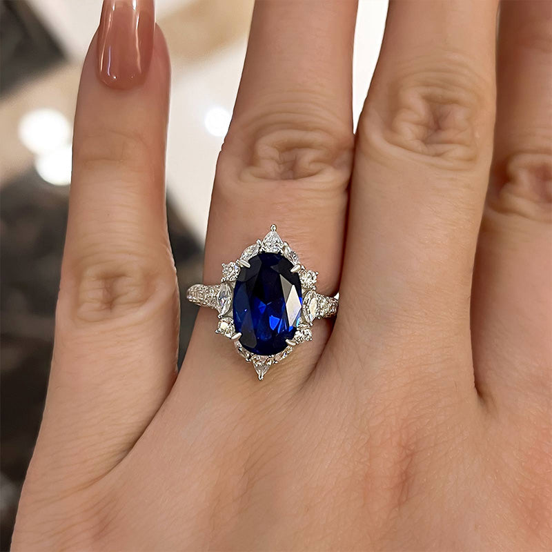 Gorgeous Halo Split Shank Oval Cut Blue Sapphire Engagement Ring In Sterling Silver-Maxinejewelry