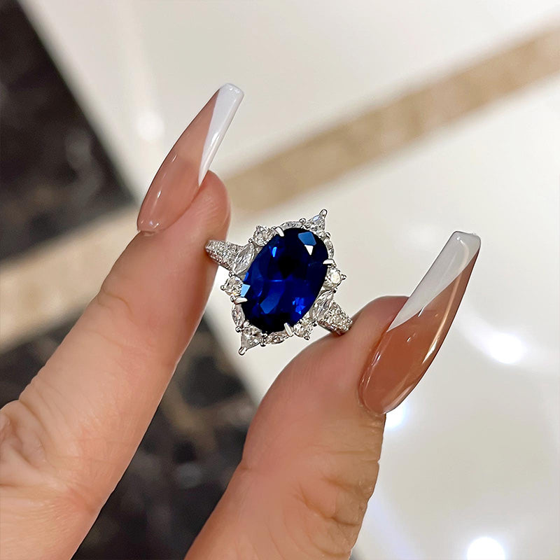 Gorgeous Halo Split Shank Oval Cut Blue Sapphire Engagement Ring In Sterling Silver-Maxinejewelry