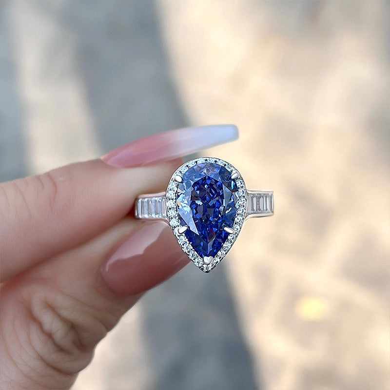 Luxury Aquamarine Blue 3.0 Carat Pear Cut Engagement Ring In Sterling Silver-Maxinejewelry