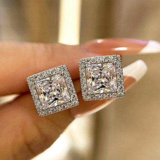 Fashion Halo Princess Cut Sona Simulated Diamond Stud Earrings In Sterling Silver