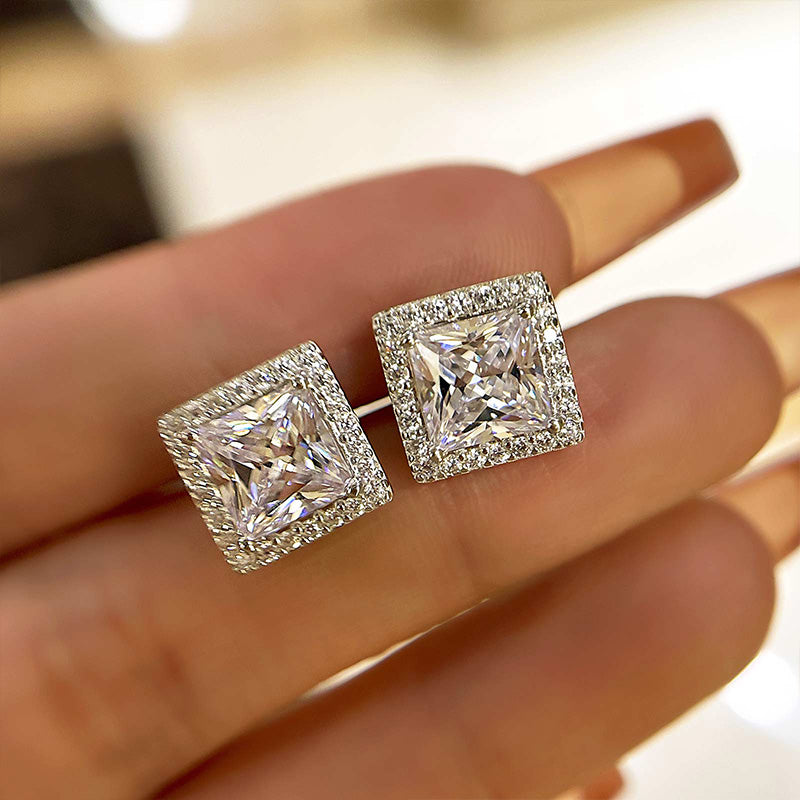 Fashion Halo Princess Cut Sona Simulated Diamond Stud Earrings In Sterling Silver