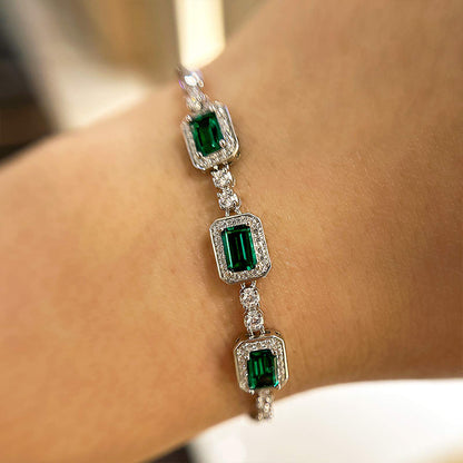 Luxury Emerald Cut Emerald Green Bracelet for Women In Sterling Silver