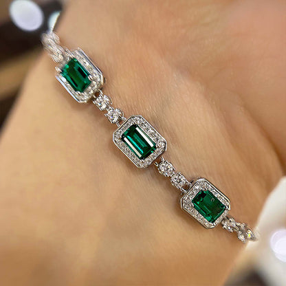 Luxury Emerald Cut Emerald Green Bracelet for Women In Sterling Silver