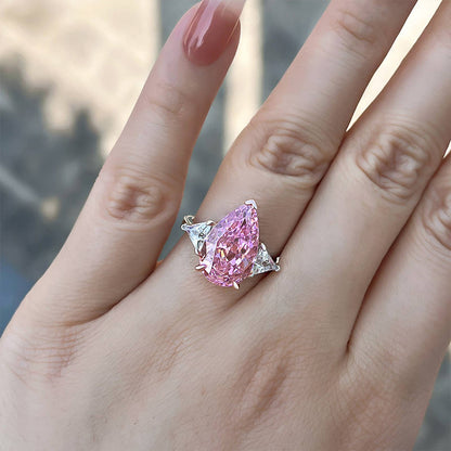 Elegant Pear Cut Pink Sapphire Three Stone Engagement Ring In Sterling Silver-Maxinejewelry