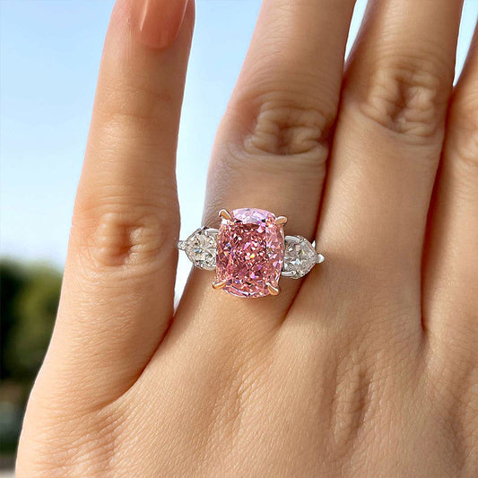 Elegant Cushion Cut Three Stone Pink Sapphire Engagement Ring In Sterling Silver-Maxinejewelry