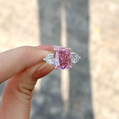 Elegant Cushion Cut Three Stone Pink Sapphire Engagement Ring In Sterling Silver-Maxinejewelry