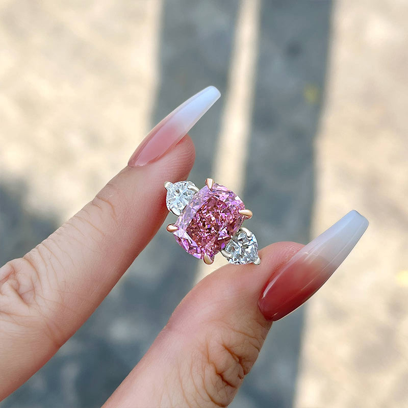 Elegant Cushion Cut Three Stone Pink Sapphire Engagement Ring In Sterling Silver-Maxinejewelry