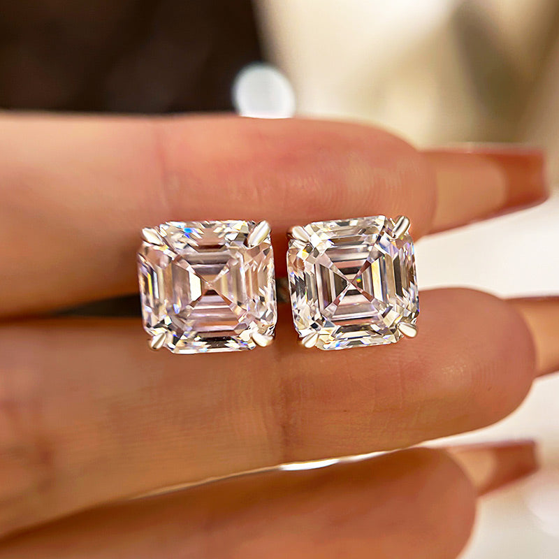 Classic Asscher Cut Women's Stud Earrings In Sterling Silver