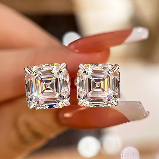 Classic Asscher Cut Women's Stud Earrings In Sterling Silver