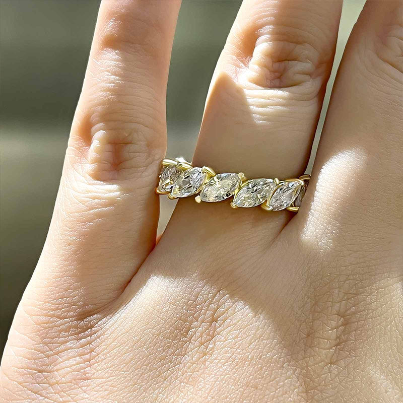 Fashion Yellow Gold Marquise Cut Diamond Wedding Band In Sterling Silver-Maxinejewelry