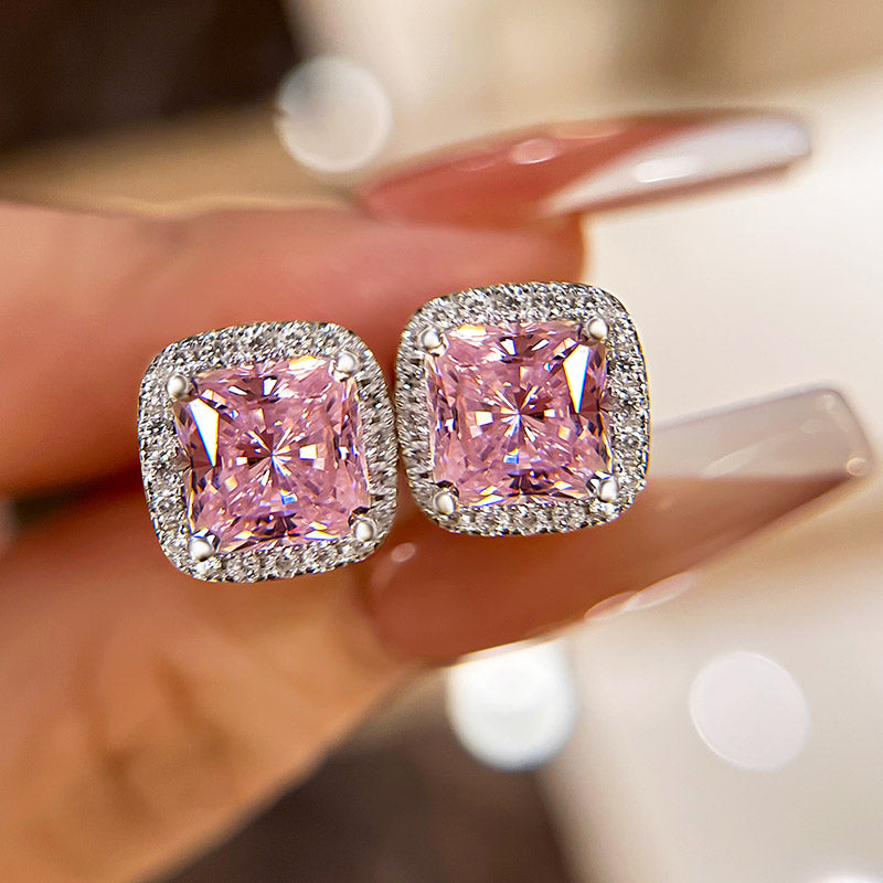 4.0 Carat Halo Princess Cut Pink Sapphire Sterling Silver Women's Stud Earrings